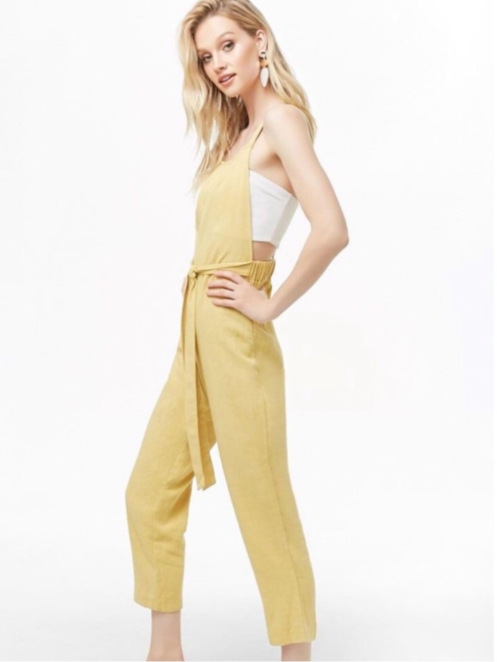 Potter's Pot Yellow Linen Halter Jumpsuit with Tie Waist